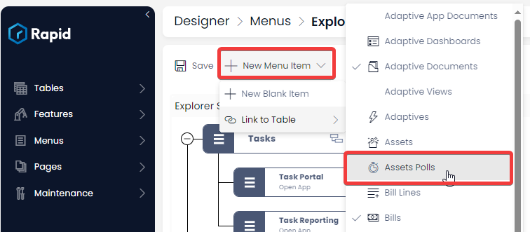 Create menu item linked to table